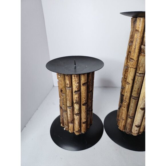Vintage Tall Cylinder Bamboo Votive Candle Holder Set Of Three Rustic Bohemian - Picture 4 of 11